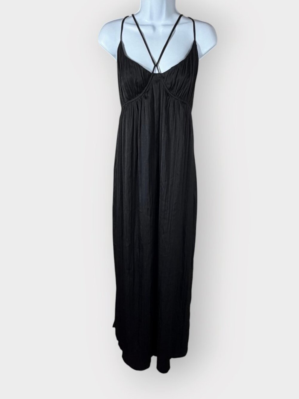 NEW Anthropologie Strappy Halter Maxi Dress | L | Black Crinkle | Witchy Gothic